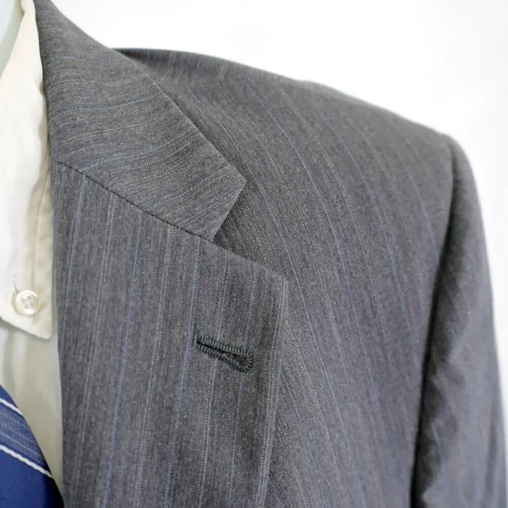 Hart Schaffner Marx‎ Wool Gray W/ Blue White Striped 40R / Slim 42R Suit Jacket